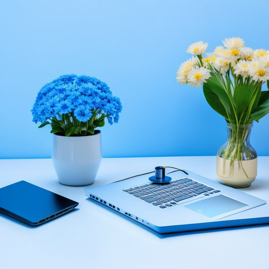 A minimalist, modern desk with a laptop and a single, blooming flower, surrounded by neatly organized notes and a few, carefully placed, shiny coins, against a soft, gradient blue background.
