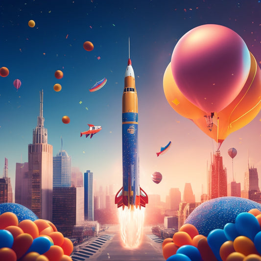 A stylized illustration of a rocket ship blasting off, carrying an ecommerce website on its back, surrounded by confetti and balloons, with a subtle cityscape in the background.