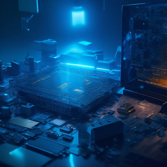 A dark, ominous background with fragmented digital codes and shattered screens scattered around a central, glowing computer chip, surrounded by broken locks and torn security badges.