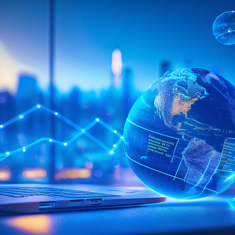 A stylized globe with glowing blue lines and nodes connecting major cities, surrounded by sleek, minimalist laptops and tablets with blurred shopping cart icons on their screens.