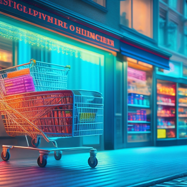 A stylized illustration of a storefront with a laptop and shopping cart in the window, surrounded by swirling lines of code, circuits, and gears, blending e-commerce and technology.