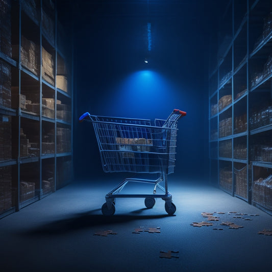 An abandoned shopping cart on a cluttered, dimly lit ecommerce website, with a maze-like navigation menu and a frustrated customer silhouette in the background, surrounded by broken puzzle pieces.