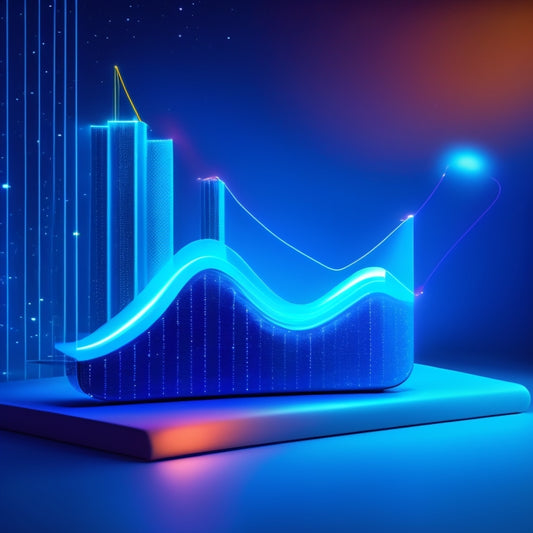 A colorful, futuristic graph with a steep upward curve, set against a dark blue background with tiny, shining stars, surrounded by minimalist illustrations of shopping bags and mobile phones.