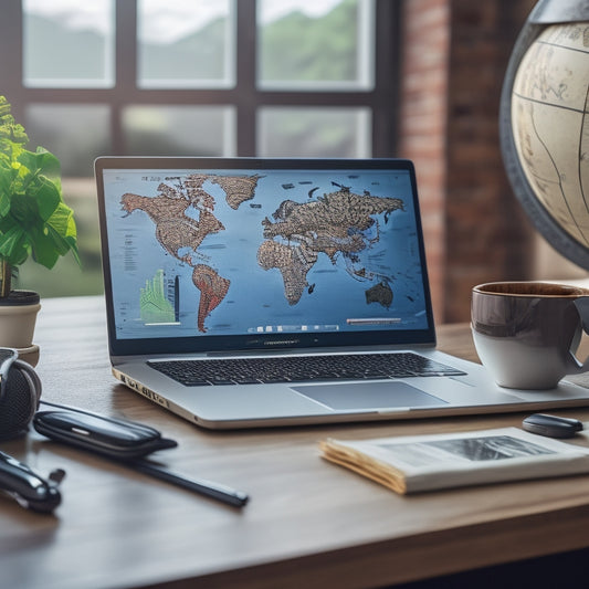 A screenshot of a laptop displaying a dashboard with rising graphs and increasing numbers, surrounded by stacks of money, a globe, and a certificate, on a wooden desk with a coffee cup.