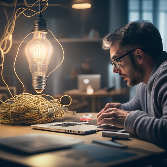 An illustration of a person surrounded by tangled threads and broken puzzle pieces, with a glowing lightbulb above their head, and a laptop in the foreground displaying a seamless, interconnected ecommerce ecosystem.