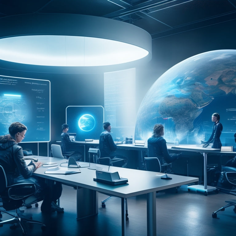 A futuristic classroom with sleek, silver robots and augmented reality headsets surrounding a glowing, holographic globe, while a chalkboard fades into the background, covered in dust and cobwebs.