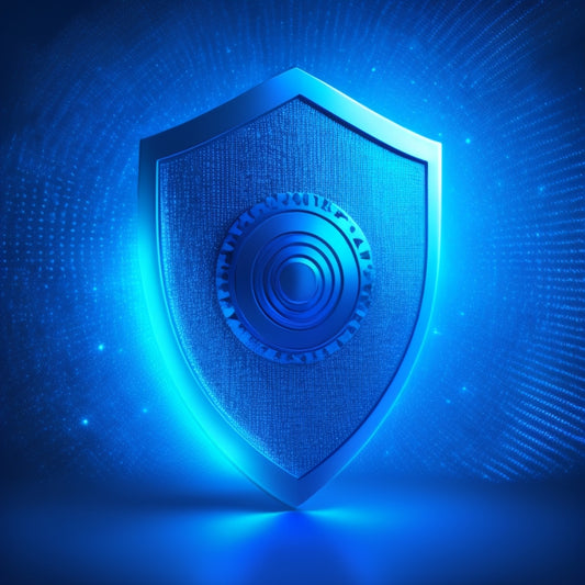 A shield icon with a padlock at its center, surrounded by a circle of glowing blue lines, set against a dark blue background with subtle, wavy lines resembling a digital waveform.