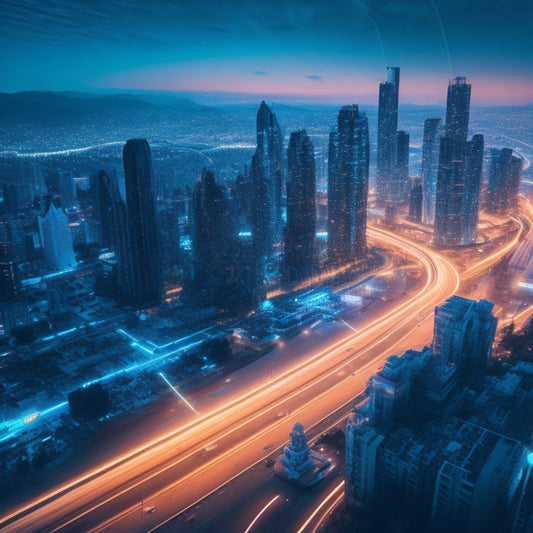 A futuristic cityscape at dusk with robots and drones whizzing by, surrounded by glowing blue circuits and wires, amidst a swirling vortex of 1s and 0s, with a subtle grid pattern in the background.