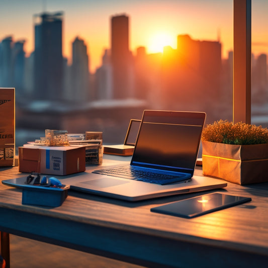 An illustration of a laptop sitting on a desk, surrounded by various ecommerce-related objects such as shopping bags, credit cards, and a miniature warehouse, with a subtle background of a cityscape at sunrise.