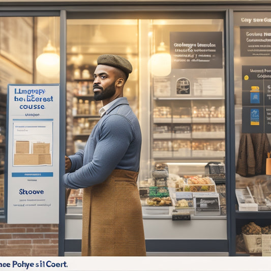A illustration depicting a merchant standing in front of a physical storefront, with a thought bubble above their head containing a laptop with a digital whiteboard filled with lesson plans and icons of various online courses.