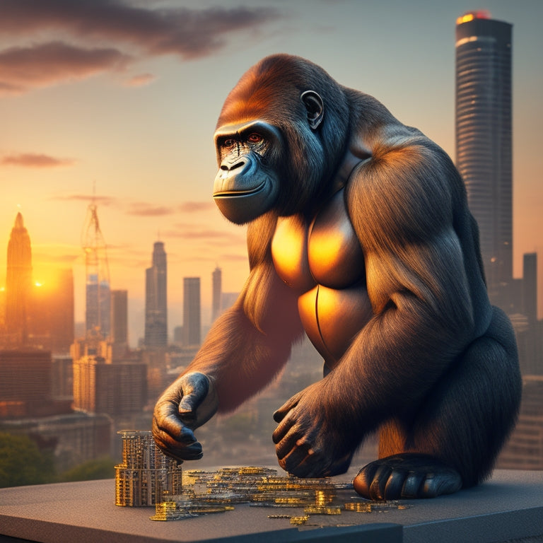 A stylized illustration of a gorilla standing confidently in front of a cityscape at sunset, with puzzle pieces and gears integrated into its fur, surrounded by subtle commerce symbols like shopping bags and coins.