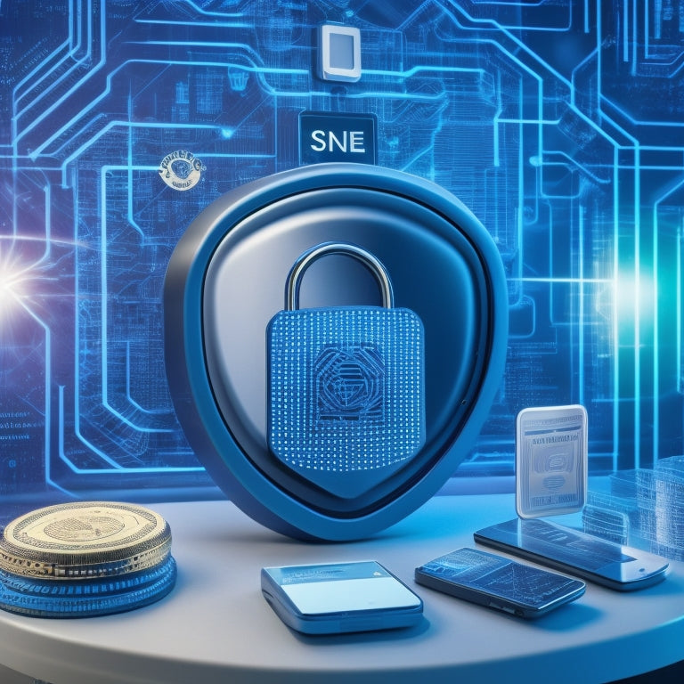 A shield with a subtle grid pattern in the background, surrounded by various digital icons (padlock, laptop, smartphone, and credit card) in a circular formation, conveying protection and security.