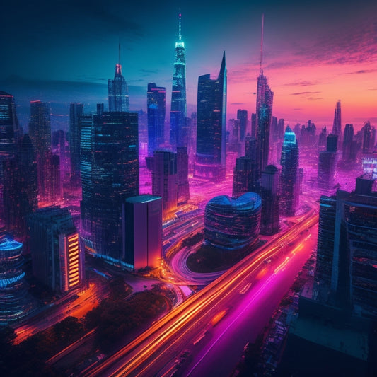 A futuristic, neon-lit cityscape at dusk, with sleek skyscrapers and bustling streets, featuring a giant, glowing envelope bursting with colorful, swirling patterns and shapes, radiating energy and dynamism.