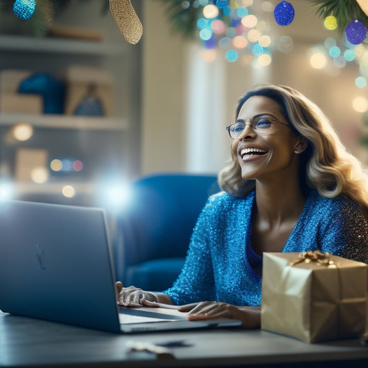 A stylized illustration of a smiling customer sitting comfortably at home, surrounded by neatly unwrapped packages and a laptop with a glowing screen, amidst a subtle background of swirling shopping bags and confetti.