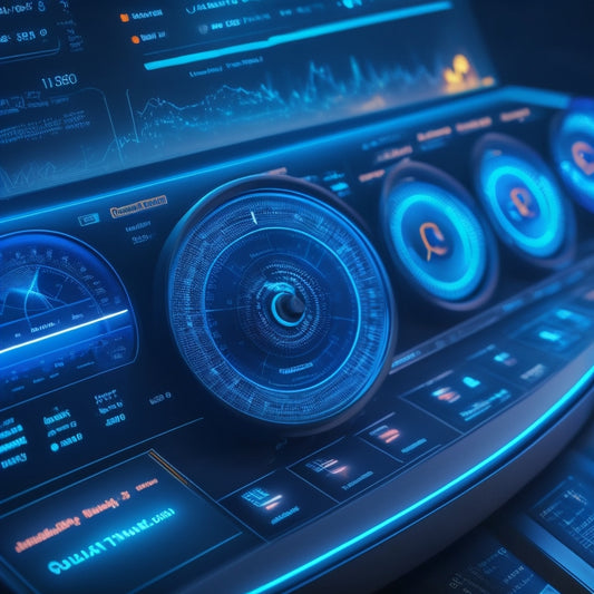 A futuristic dashboard with glowing blue lines and orbs, surrounded by minimalist product icons and subtle graphs, set against a dark gradient background with a subtle grid pattern.