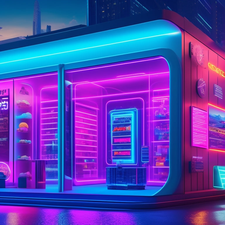 An illustration of a futuristic storefront with holographic product displays, 3D models of shipping boxes, and a neon-lit cityscape in the background, surrounded by orbiting digital icons and geometric shapes.
