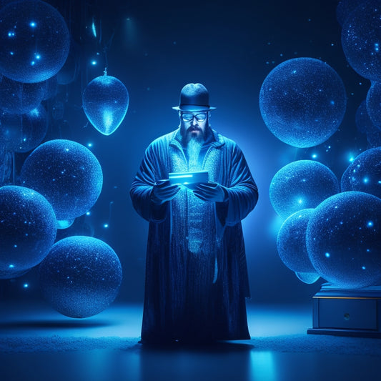 A stylized illustration of a merchant surrounded by five glowing orbs, each containing a miniature computer screen displaying a different e-commerce platform, set against a dark blue background with subtle sparkles.