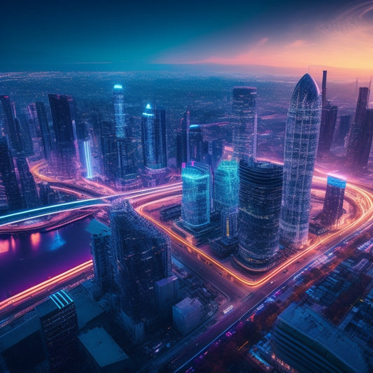 A futuristic cityscape at dusk with sleek skyscrapers and neon lights, featuring a large, glowing gear at the center, surrounded by swirling data streams and chat bubbles.