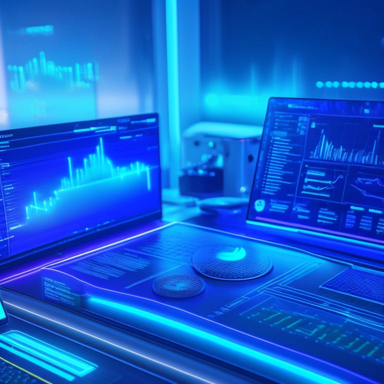A futuristic dashboard with glowing blue lines and graphs, surrounded by miniature 3D icons of coins, charts, and laptops, set against a dark, gradient background with subtle circuit patterns.
