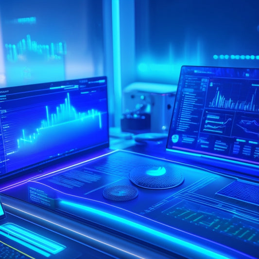 A futuristic dashboard with glowing blue lines and graphs, surrounded by miniature 3D icons of coins, charts, and laptops, set against a dark, gradient background with subtle circuit patterns.