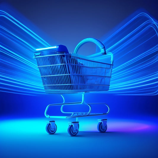 A futuristic, minimalist illustration featuring a stylized shopping cart merging with a briefcase, surrounded by swirling digital circuits and subtle ecommerce icons, set against a dark blue gradient background.