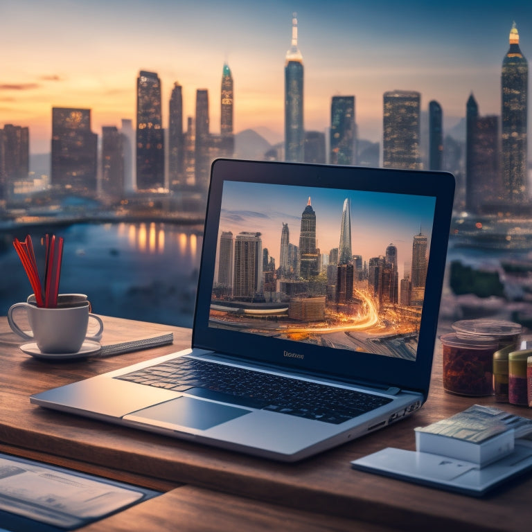 An illustration of a laptop open to a digital classroom, surrounded by stacks of money and products, with a subtle background of a cityscape or entrepreneurial environment.