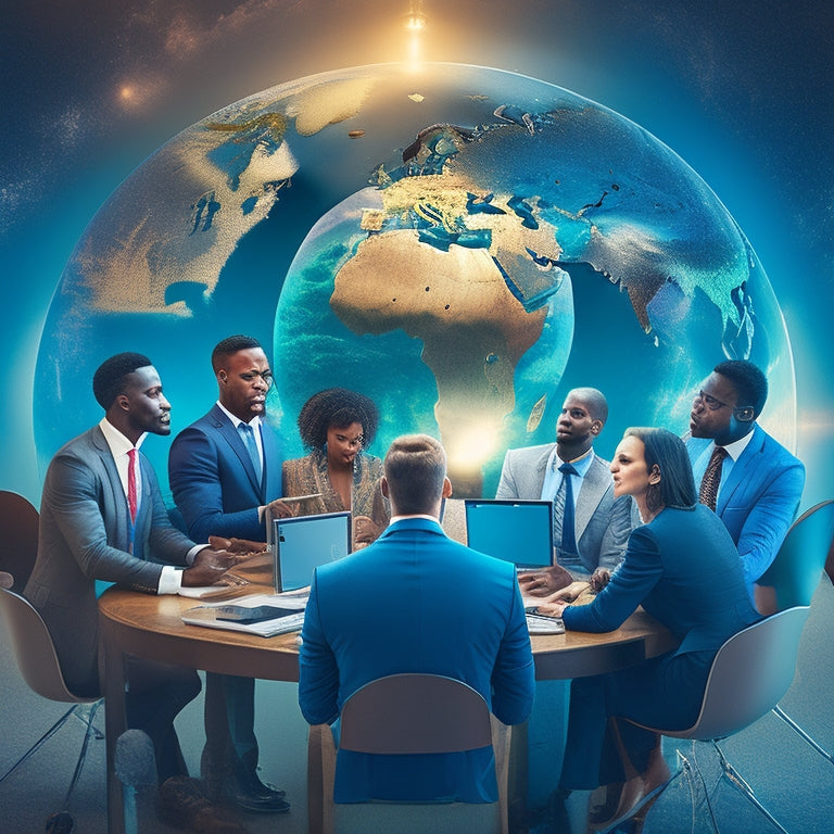 A stylized, modern illustration of diverse business professionals from various ecommerce industries gathered around a large, glowing globe, surrounded by laptops, tablets, and innovative gadgets.