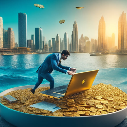 A stylized illustration of a person diving into a sea of gold coins, surrounded by laptops and briefcases, with a subtle cityscape in the background, conveying success and prosperity.