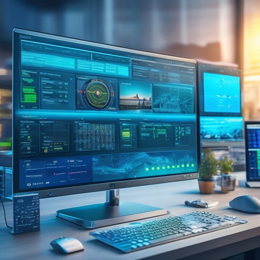 A futuristic laptop screen displaying a dashboard with various technical support tools and graphs, surrounded by scattered computer hardware components and a few merchant credit cards.