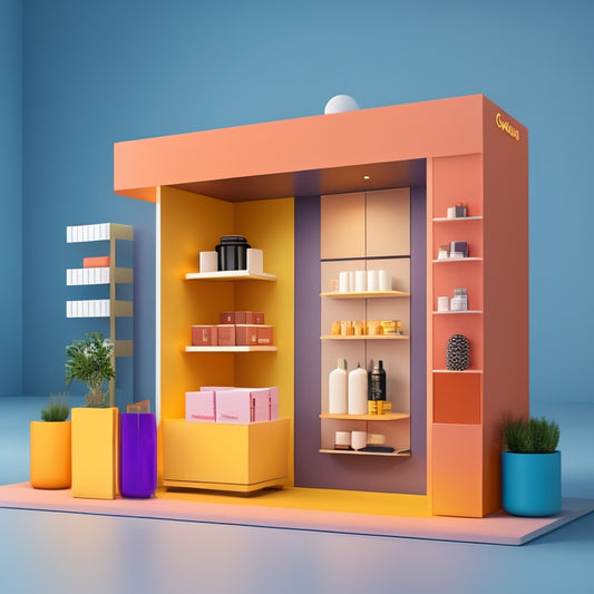 A stylized illustration of a storefront with various product displays, showcasing different Magento 2 product types, such as simple, configurable, bundle, and downloadable, in a colorful, modern, and sleek design.