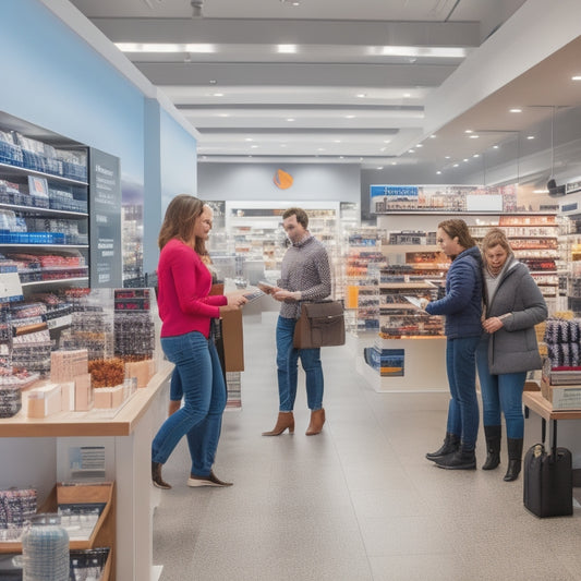 A modern retail store interior with sleek shelves, a cash register, and a few customers browsing products, surrounded by tablets, laptops, and smart devices displaying analytics and sales data.