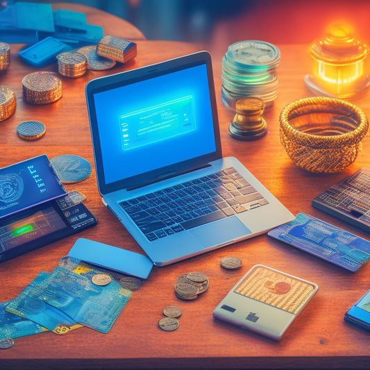 A stylized illustration of a merchant's desk with a laptop, tablet, and smartphone displaying payment processing screens, surrounded by floating credit cards, coins, and a subtle background of circuit boards.
