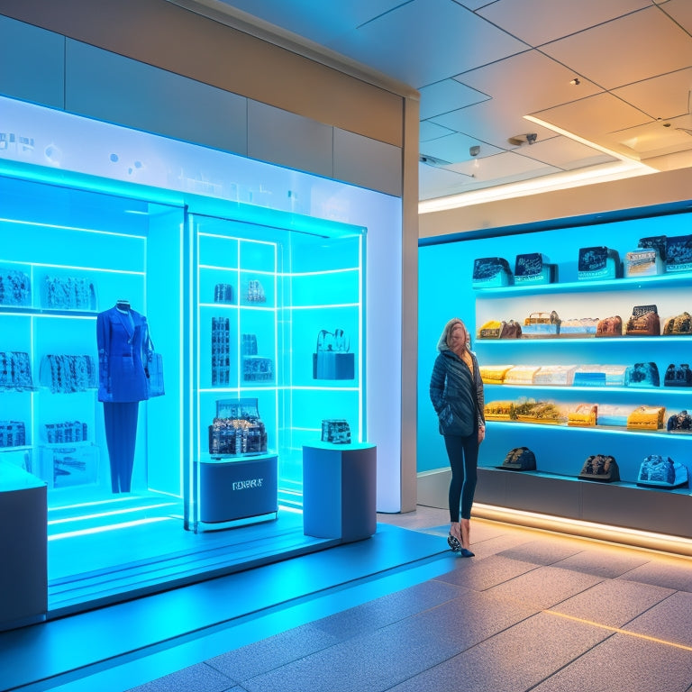 A futuristic retail storefront with a large, transparent LED screen displaying a virtual instructor, surrounded by augmented reality shopping bags and shelves stocked with digital learning tools.