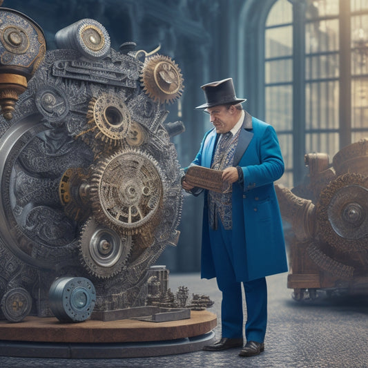 An illustration of a merchant standing in front of a giant puzzle, with pieces seamlessly fitting together, surrounded by swirling gears, cogs, and robotic arms assembling products in the background.