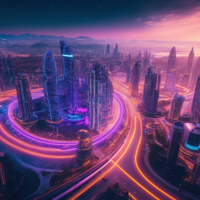 A futuristic, neon-lit cityscape with sleek, curved skyscrapers, surrounded by orbiting robots and drones, amidst a swirling vortex of 1s and 0s, symbolizing the fusion of technology and e-commerce.