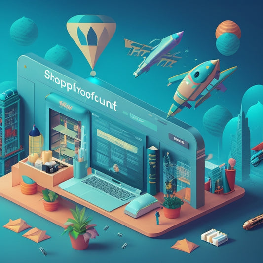 A stylized illustration of a Shopify storefront with a rocket ship blasting off from the checkout counter, surrounded by various mobile devices and laptops with app icons floating above them.