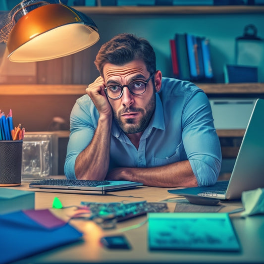 A frustrated person sitting in front of a desktop computer with a puzzled expression, surrounded by torn papers and broken pencils, with a broken Wi-Fi router and a laptop with a loading circle on the screen.