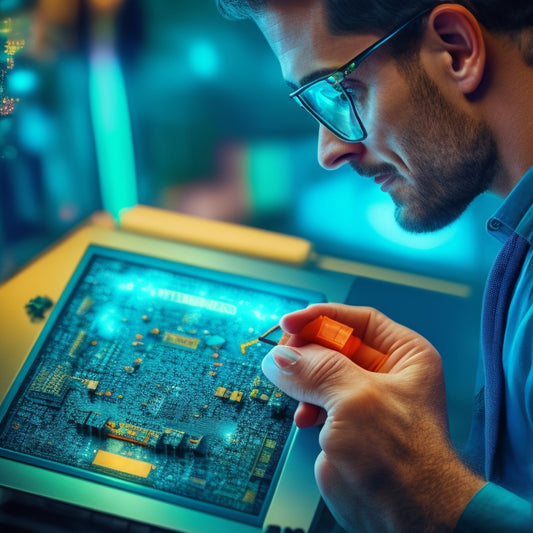An illustration of a customer holding a tablet, surrounded by puzzle pieces fitting together, with a subtle background of circuit boards and wires, conveying connection and engagement.