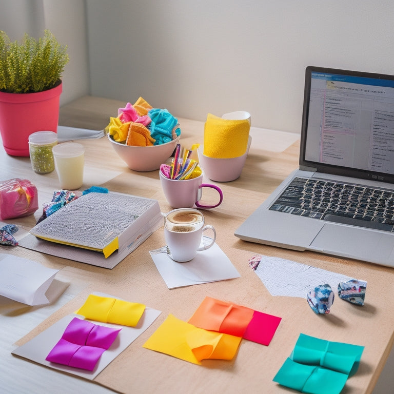 A minimalist workspace with a laptop, a cup of coffee, and a few scrunchies scattered around, surrounded by colorful sticky notes and a whiteboard with scribbled business plans in the background.