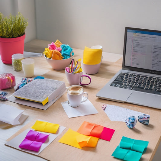 A minimalist workspace with a laptop, a cup of coffee, and a few scrunchies scattered around, surrounded by colorful sticky notes and a whiteboard with scribbled business plans in the background.