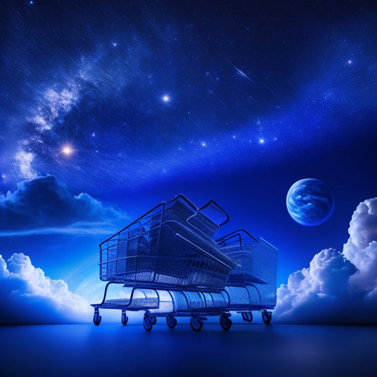 A futuristic shopping cart overflowing with sleek, glowing smartphones, laptops, and tablets, surrounded by swirling clouds of ones and zeros, set against a dark blue, starry night sky.