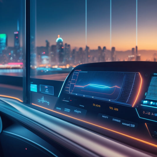 A futuristic dashboard with sleek lines and neon accents, featuring a large, circular graph displaying ticket sales data, surrounded by minimalist icons and a subtle cityscape at dusk in the background.