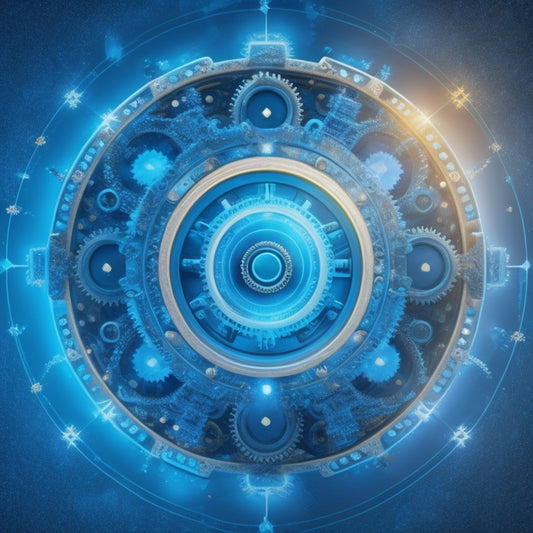 An illustration of a circle with interconnected gears, each gear representing a customer, surrounded by glowing orbits symbolizing loyalty and retention, set against a bright blue background with subtle digital patterns.