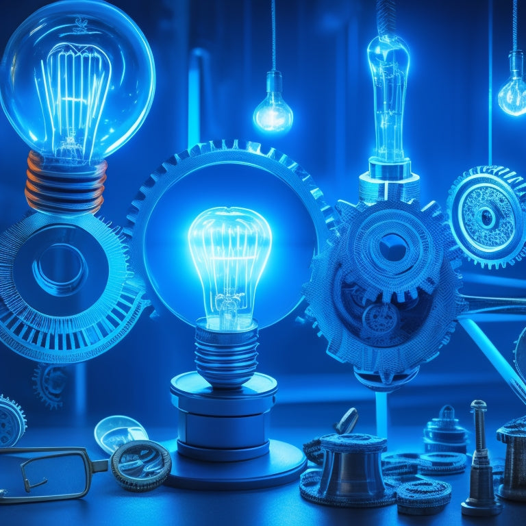 A graph with ascending arrows and rising bars in shades of blue, surrounded by gear wheels, cogs, and magnifying glasses, set against a lightbulb-filled background, conveying optimization and growth.