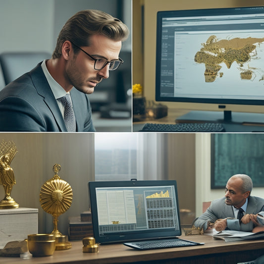 A split-screen image featuring a businessman analyzing charts and graphs on a computer screen on one side, and a treasure chest overflowing with gold coins and a miniature analytics dashboard on the other.
