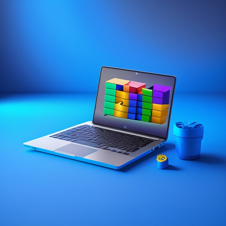 A minimalist illustration featuring a laptop with a glowing shopping cart icon on the screen, surrounded by puzzle pieces, gears, and a subtle gradient of a graduation cap in the background.