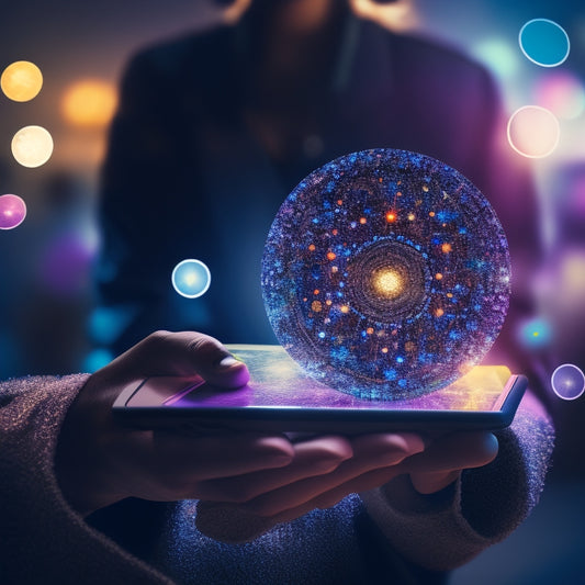 An illustration of a person holding a tablet, surrounded by glowing circles representing various digital products, with puzzle pieces fitting together in the background, symbolizing customer retention.