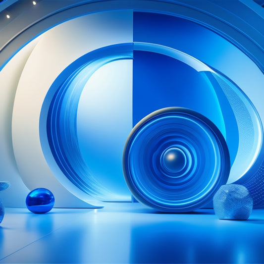 A futuristic, minimalist background with a stylized, glowing Adobe logo at its center, surrounded by orbiting, swirling shapes resembling FAQs and shopping bags, in shades of blue and white.