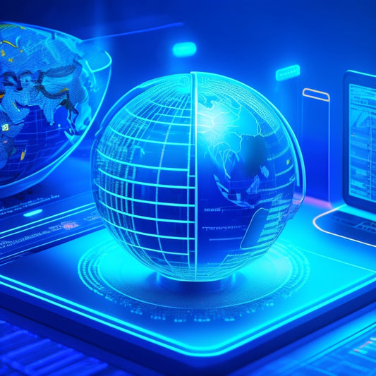 A futuristic, high-tech illustration of a secure online payment portal, featuring a stylized globe with glowing blue lines and circuits, surrounded by floating digital coins and credit cards.