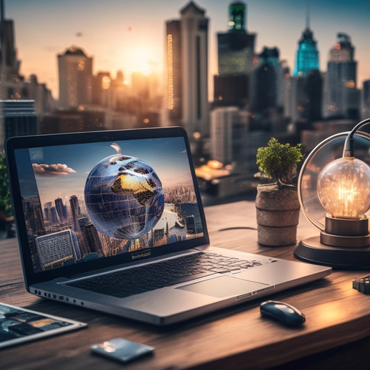 A modern laptop with a cityscape background, surrounded by various devices and a subtle globe, with puzzle pieces fitting together to form a lightbulb, symbolizing online learning and global connections.